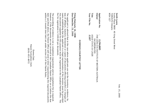 Canadian Patent Document 2294885. Correspondence 20000208. Image 1 of 1