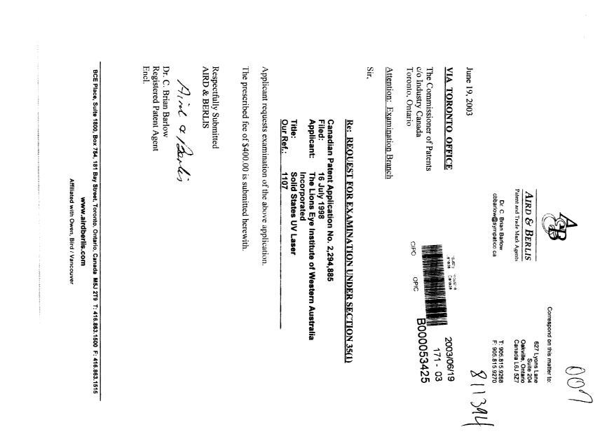 Canadian Patent Document 2294885. Prosecution-Amendment 20030619. Image 1 of 1