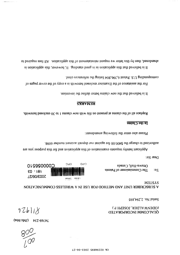 Canadian Patent Document 2294895. Prosecution-Amendment 20030627. Image 1 of 6