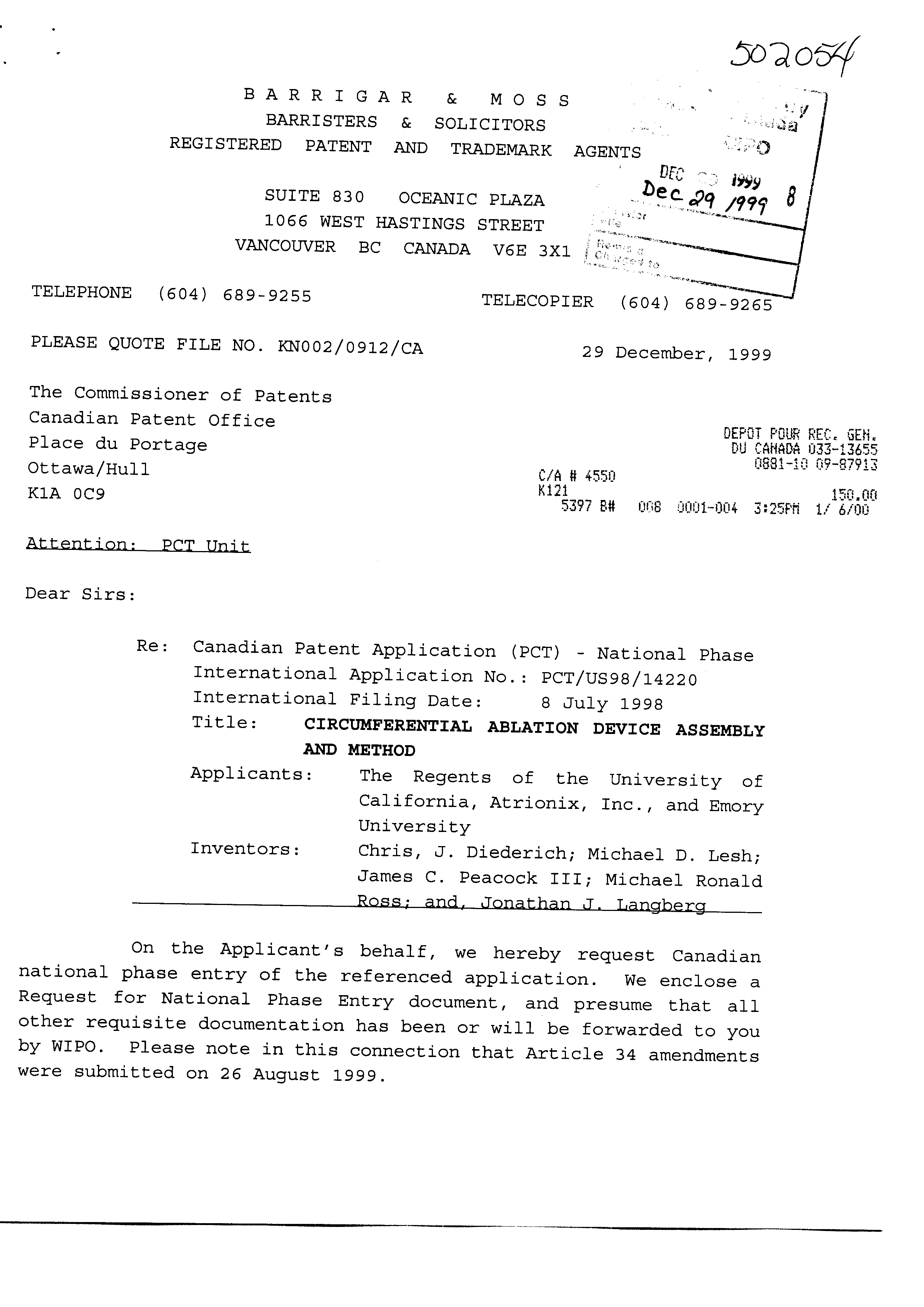 Canadian Patent Document 2294927. Assignment 19991229. Image 1 of 11