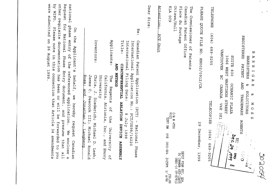 Document de brevet canadien 2294927. Cession 19991229. Image 1 de 11