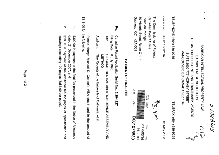 Document de brevet canadien 2294927. Correspondance 20080516. Image 1 de 2
