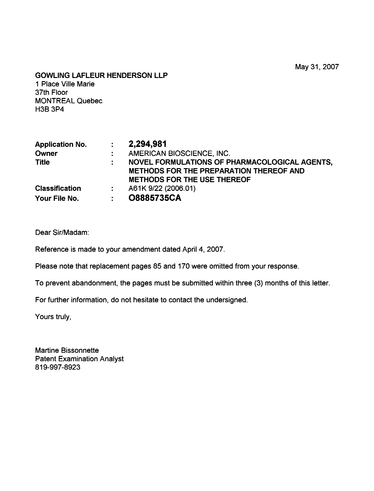 Document de brevet canadien 2294981. Correspondance 20070531. Image 1 de 1