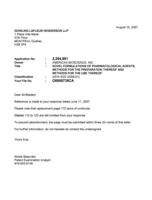 Document de brevet canadien 2294981. Correspondance 20070810. Image 1 de 1