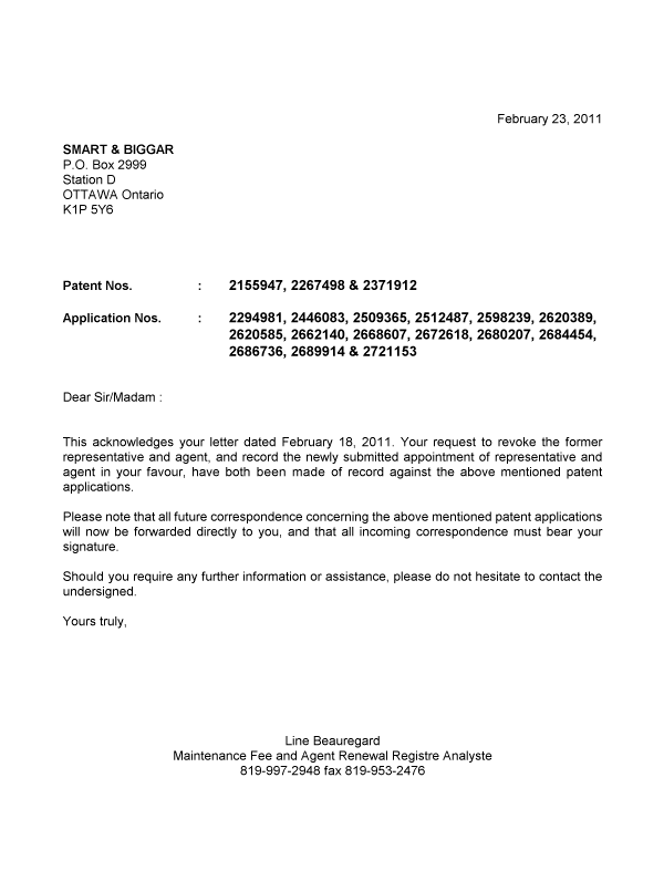 Document de brevet canadien 2294981. Correspondance 20110223. Image 1 de 1