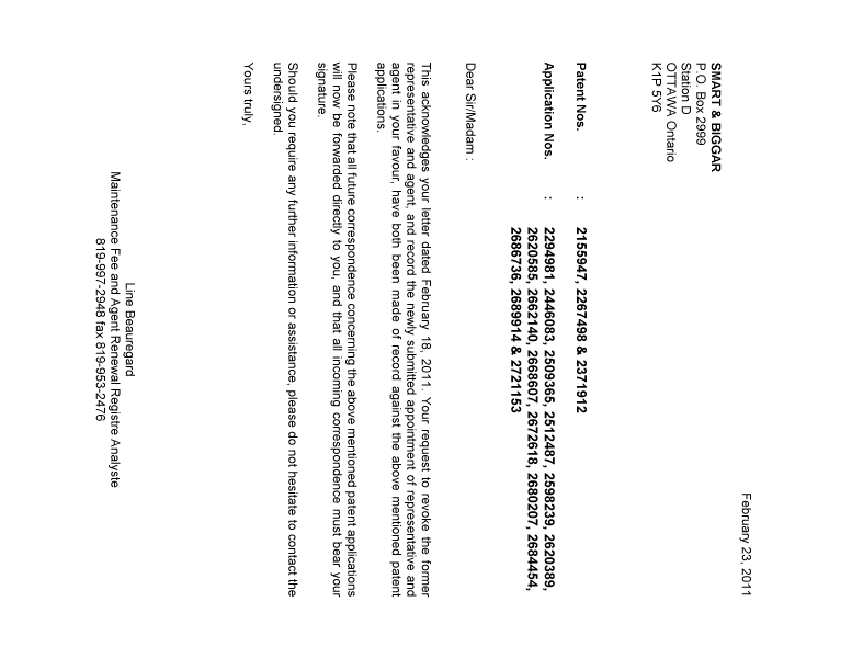 Document de brevet canadien 2294981. Correspondance 20110223. Image 1 de 1