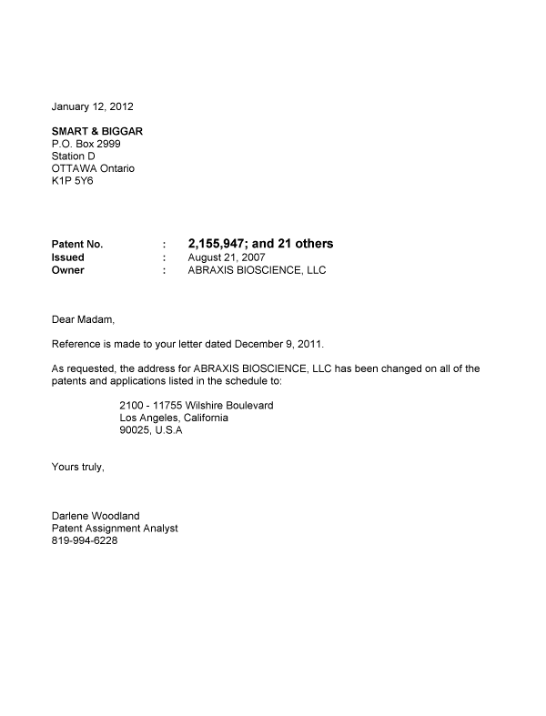 Document de brevet canadien 2294981. Correspondance 20120112. Image 1 de 1