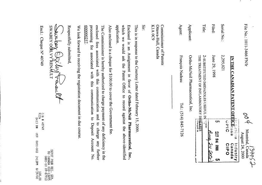 Document de brevet canadien 2295021. Cession 20000824. Image 1 de 3