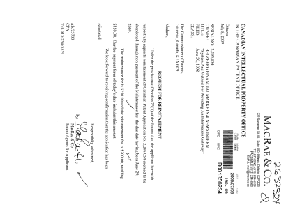 Canadian Patent Document 2295054. Fees 20090708. Image 1 of 1