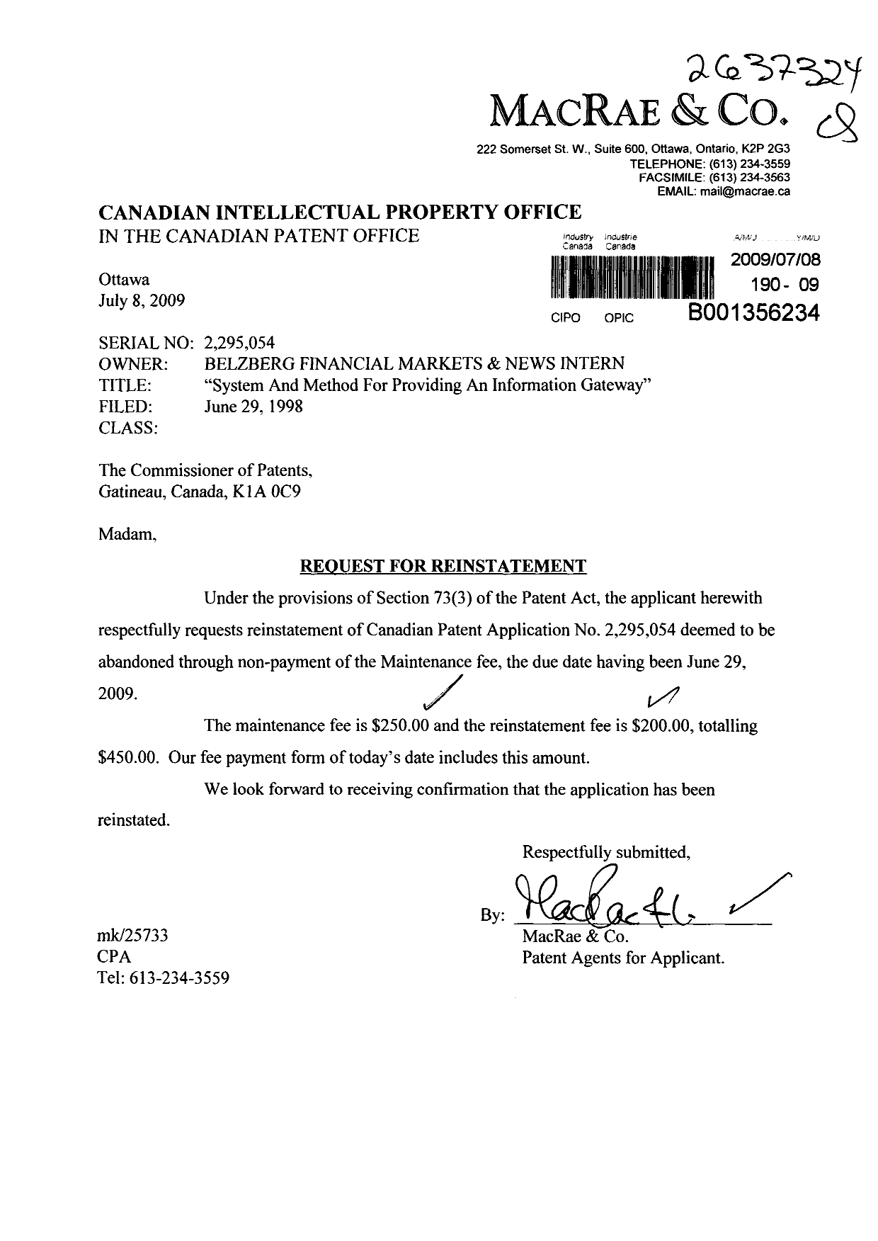 Canadian Patent Document 2295054. Fees 20090708. Image 1 of 1