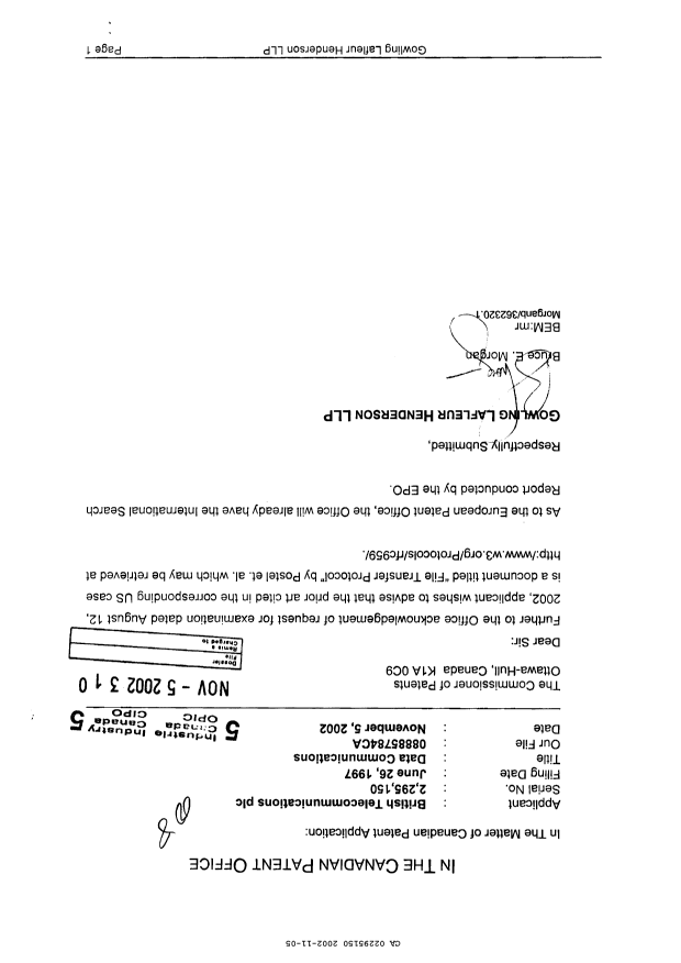 Canadian Patent Document 2295150. Prosecution-Amendment 20021105. Image 1 of 1