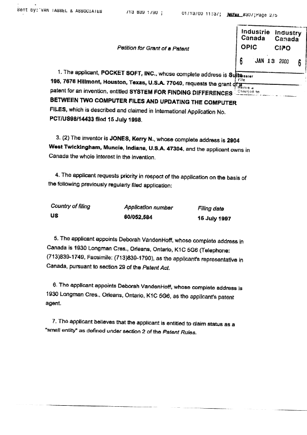 Document de brevet canadien 2295479. Cession 20000113. Image 2 de 5