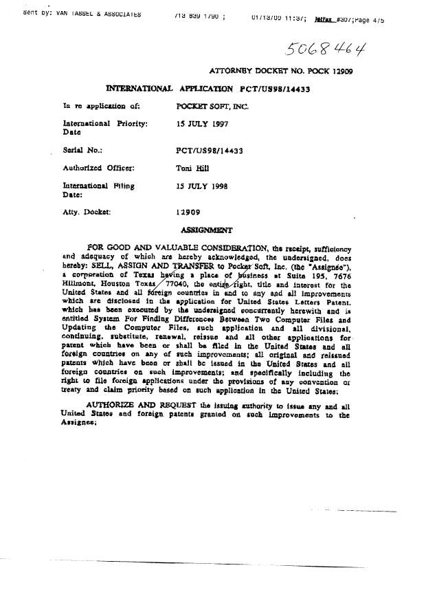 Canadian Patent Document 2295479. Assignment 20000113. Image 4 of 5