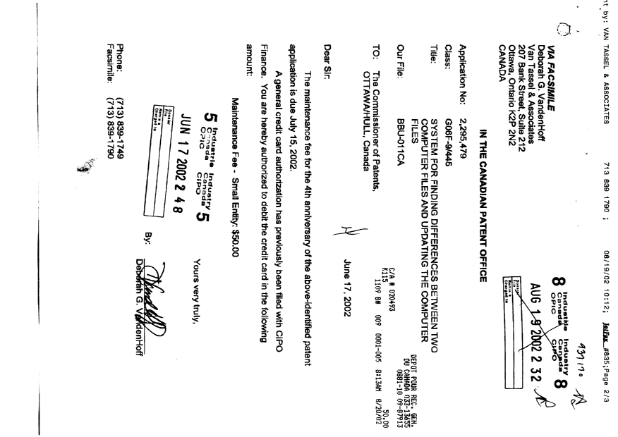 Canadian Patent Document 2295479. Fees 20020617. Image 1 of 4
