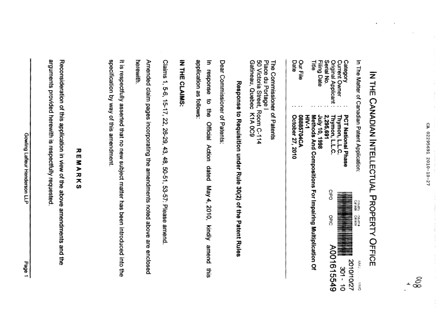Canadian Patent Document 2295691. Prosecution-Amendment 20101027. Image 1 of 12