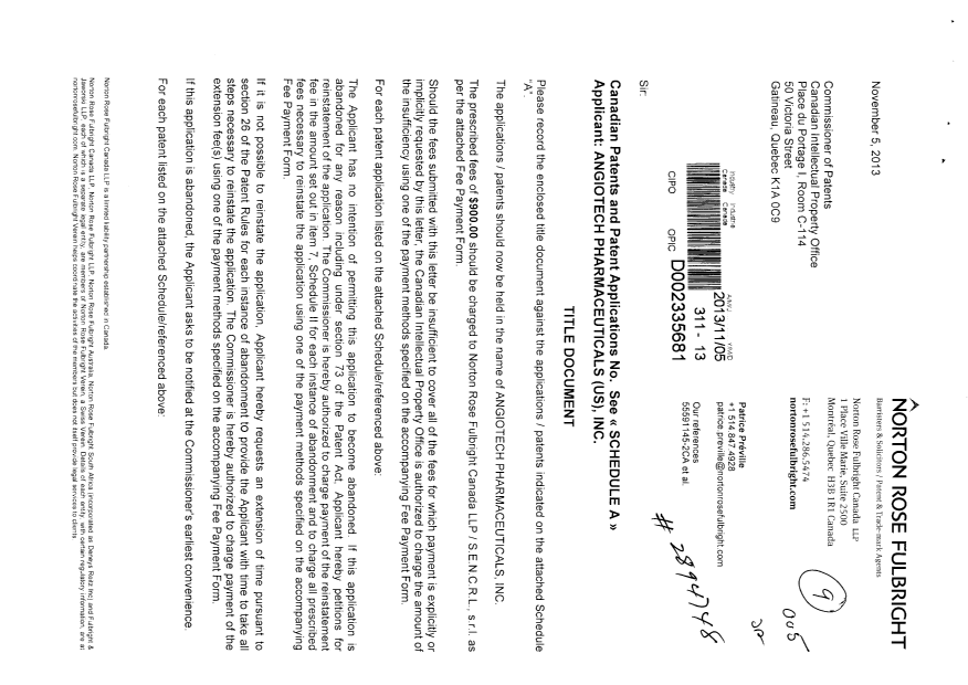 Document de brevet canadien 2295733. Cession 20131105. Image 1 de 7