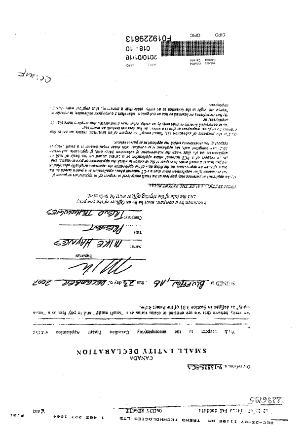Canadian Patent Document 2296195. Correspondence 20100118. Image 1 of 2