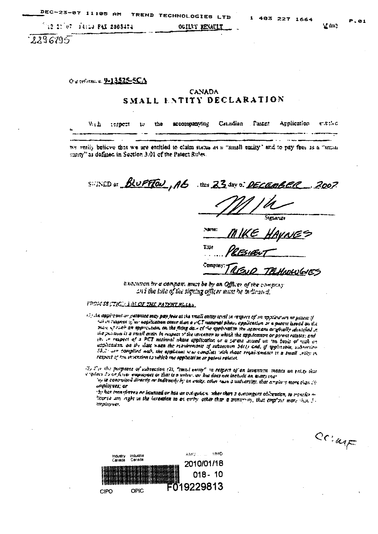 Document de brevet canadien 2296195. Correspondance 20100118. Image 1 de 2