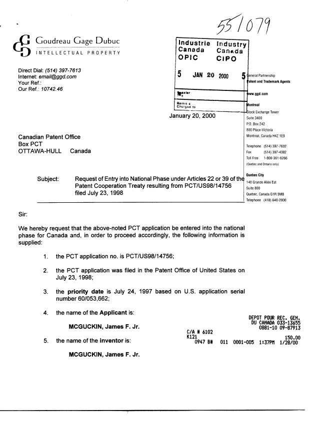 Canadian Patent Document 2297122. Assignment 20000120. Image 1 of 4