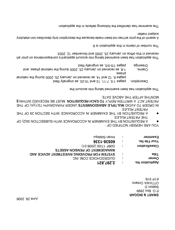 Canadian Patent Document 2297821. Prosecution-Amendment 20060629. Image 1 of 3