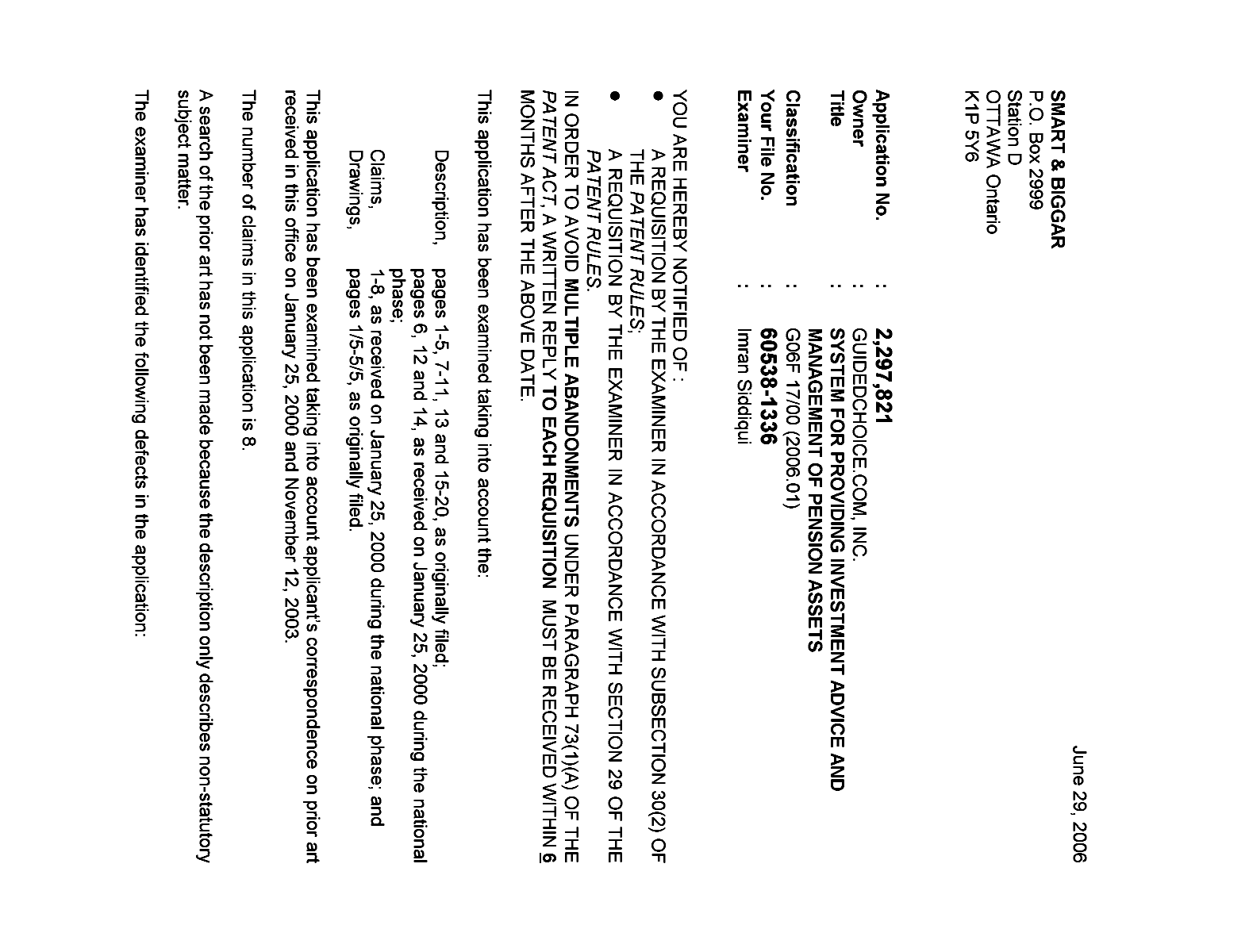 Canadian Patent Document 2297821. Prosecution-Amendment 20060629. Image 1 of 3