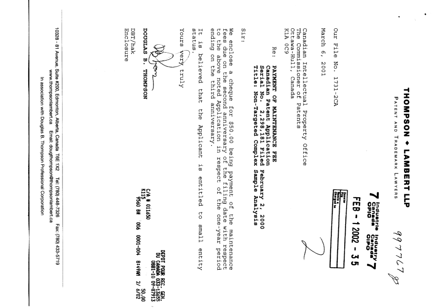 Canadian Patent Document 2298181. Fees 20020201. Image 1 of 1