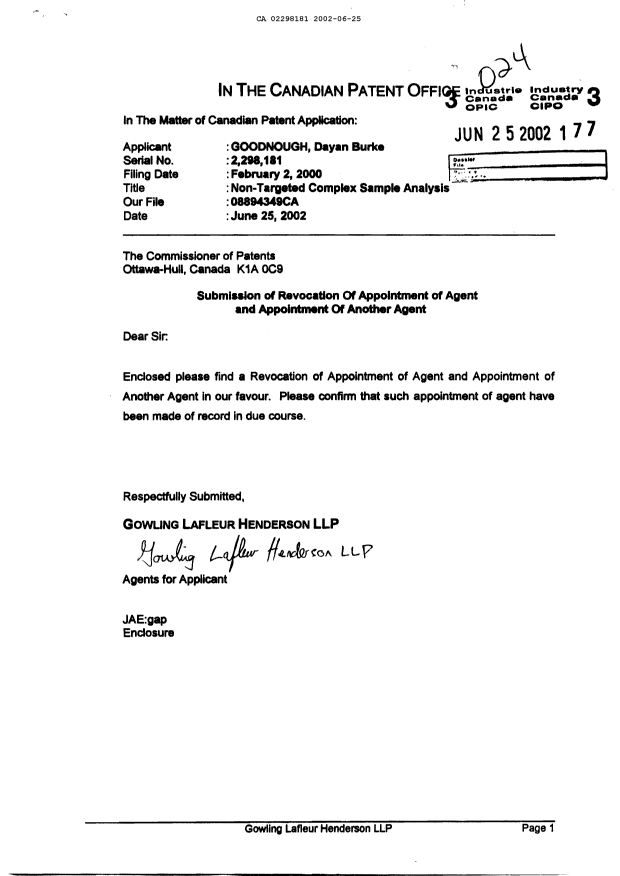 Document de brevet canadien 2298181. Correspondance 20020625. Image 1 de 2