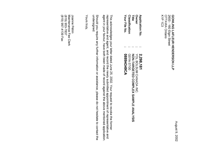 Document de brevet canadien 2298181. Correspondance 20020809. Image 1 de 1