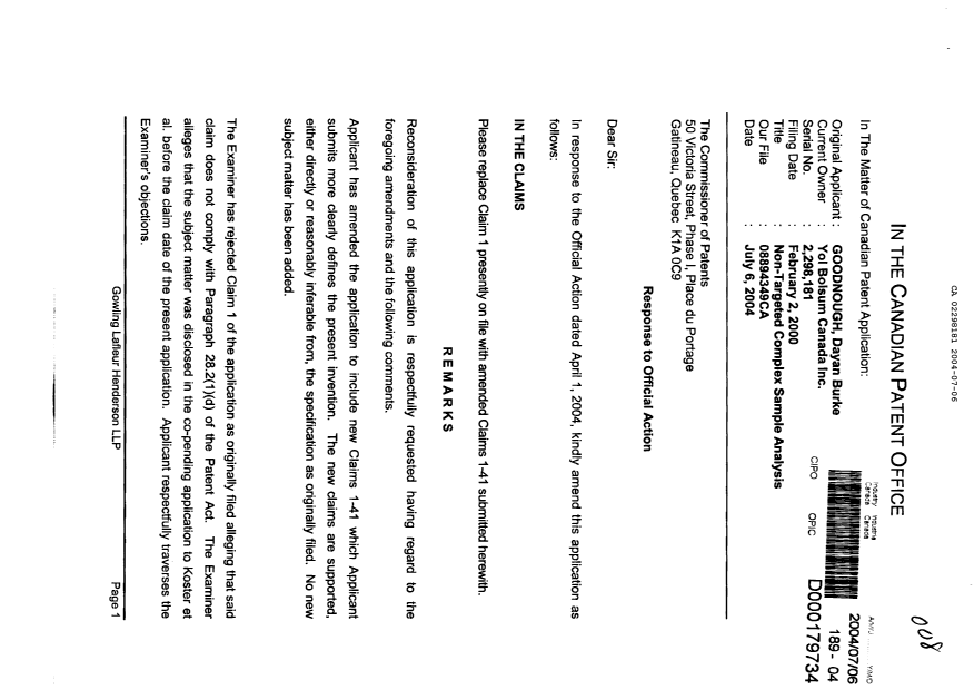 Document de brevet canadien 2298181. Poursuite-Amendment 20040706. Image 1 de 14