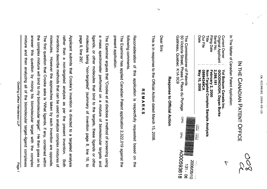 Canadian Patent Document 2298181. Prosecution-Amendment 20060510. Image 1 of 7