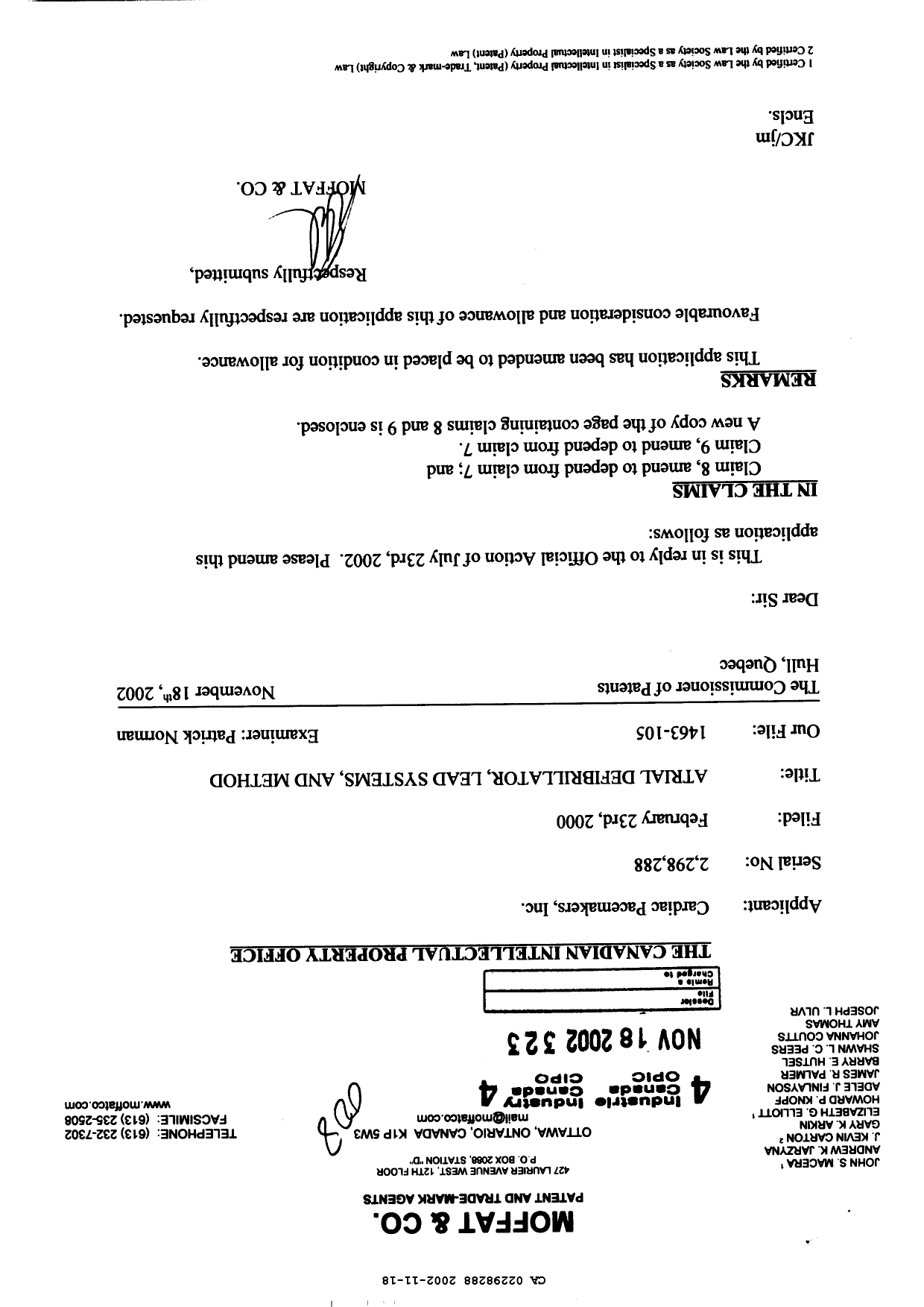 Canadian Patent Document 2298288. Prosecution-Amendment 20011218. Image 1 of 2