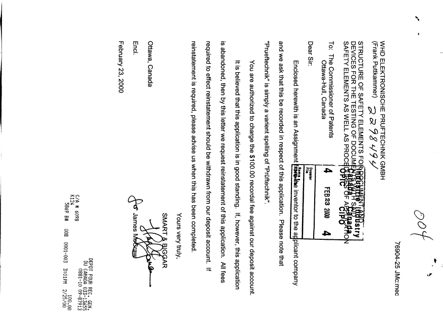 Document de brevet canadien 2298494. Cession 20000223. Image 1 de 3