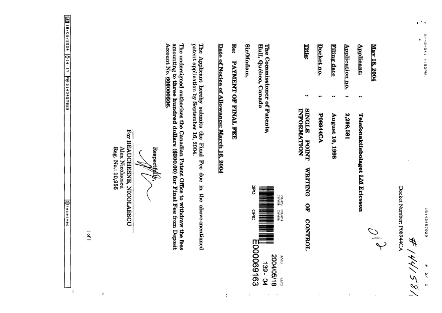 Document de brevet canadien 2298581. Correspondance 20040518. Image 1 de 2