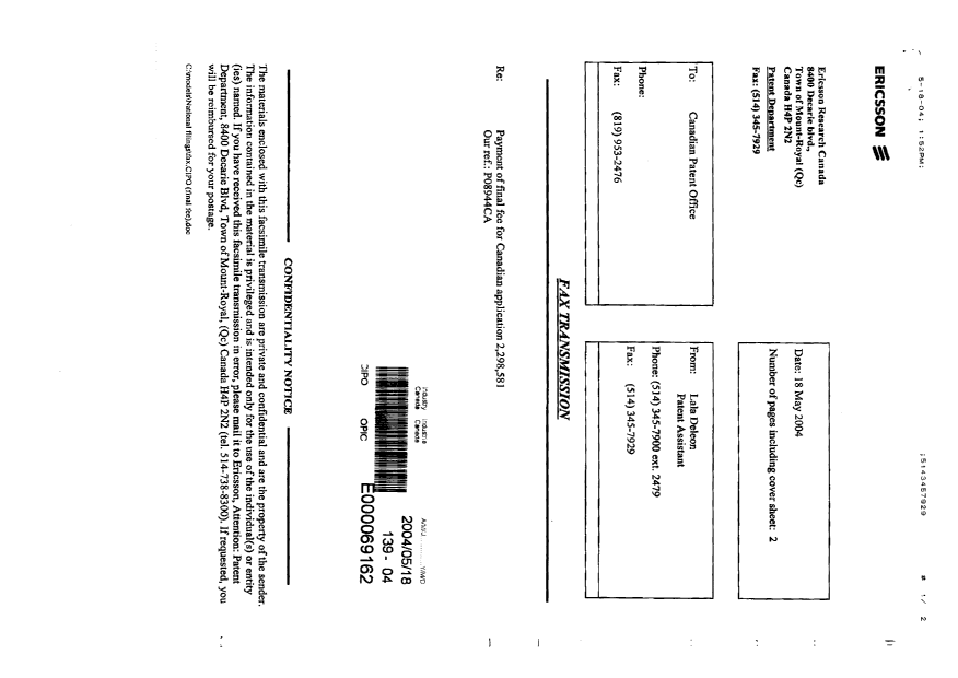 Canadian Patent Document 2298581. Correspondence 20040518. Image 2 of 2