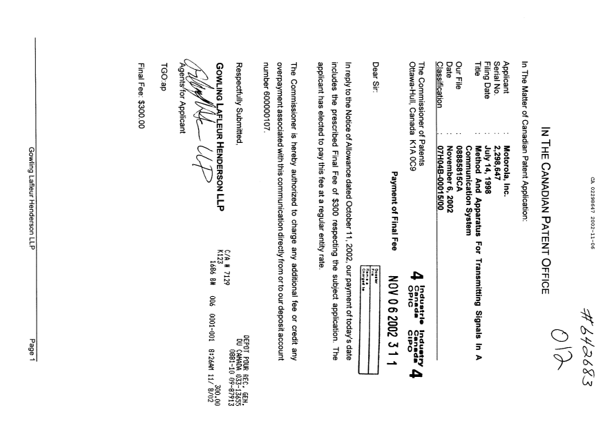 Canadian Patent Document 2298647. Correspondence 20021106. Image 1 of 1