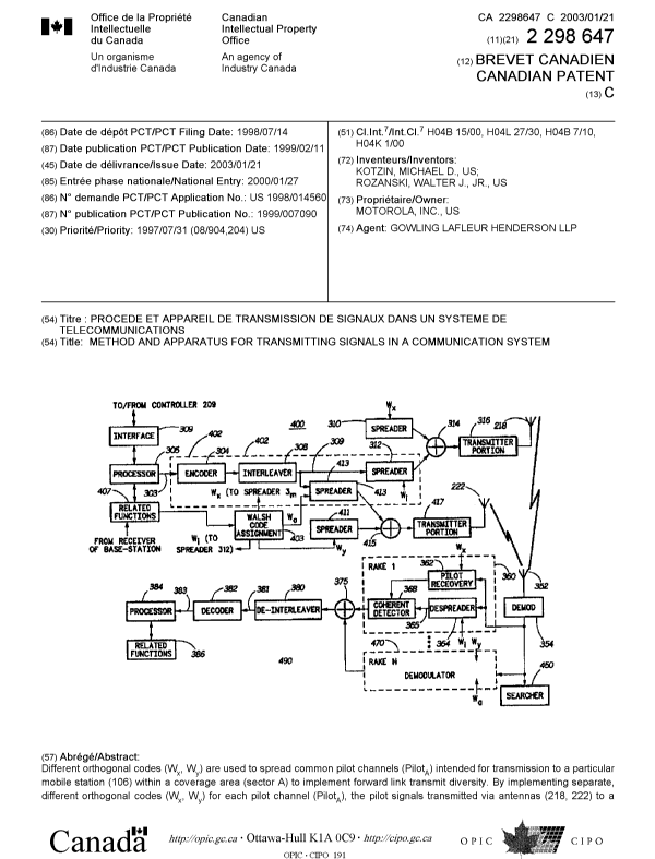 Document de brevet canadien 2298647. Page couverture 20021217. Image 1 de 2
