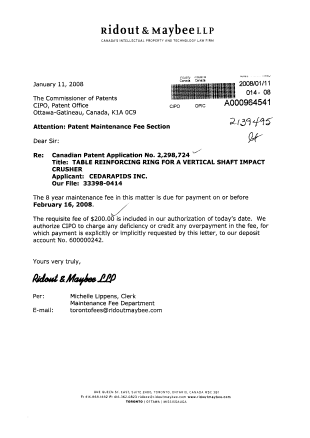 Document de brevet canadien 2298724. Taxes 20080111. Image 1 de 1