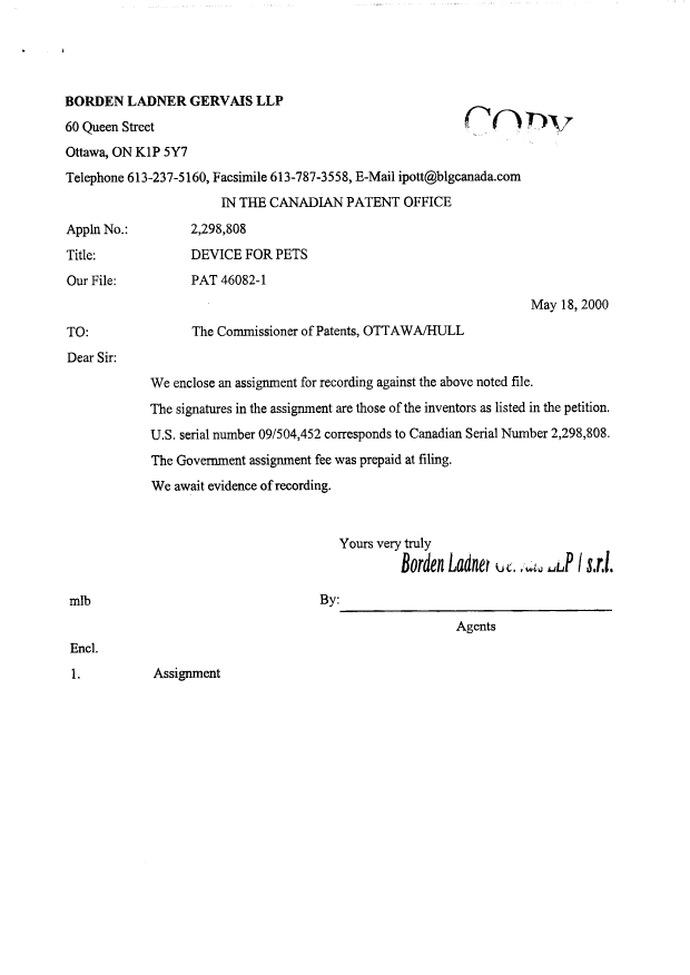 Document de brevet canadien 2298808. Correspondance 20080723. Image 2 de 4