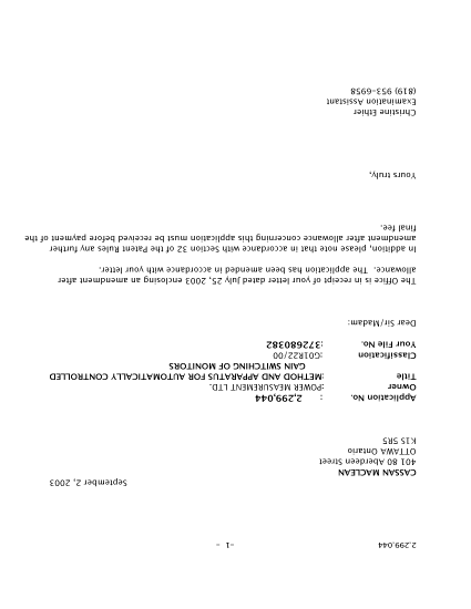 Canadian Patent Document 2299044. Prosecution-Amendment 20030902. Image 1 of 1