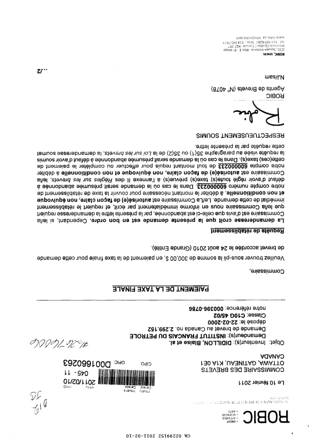 Canadian Patent Document 2299152. Correspondence 20110210. Image 1 of 2
