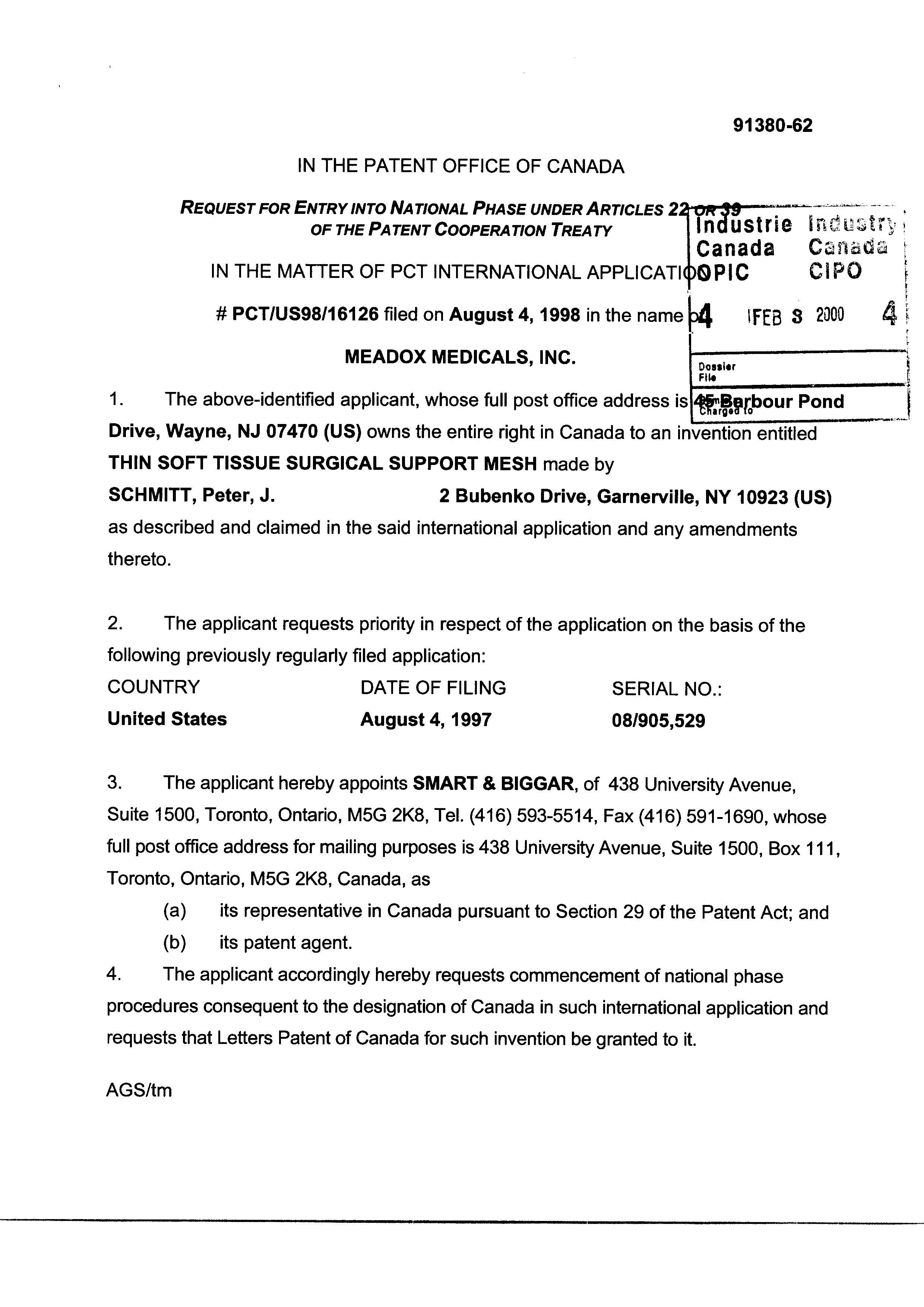 Canadian Patent Document 2299241. Assignment 19991203. Image 2 of 2