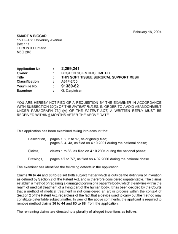Canadian Patent Document 2299241. Prosecution-Amendment 20040216. Image 1 of 3