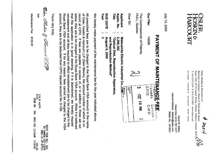 Canadian Patent Document 2299392. Fees 20000713. Image 1 of 1
