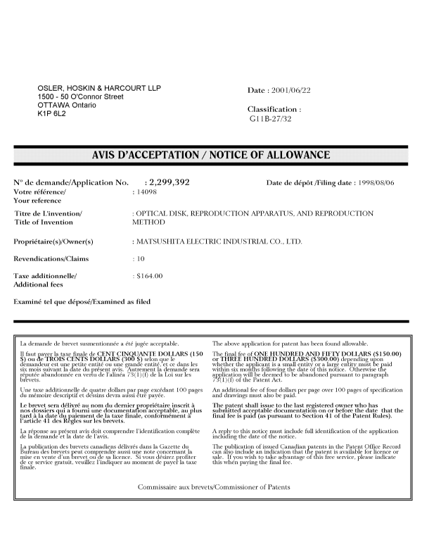 Document de brevet canadien 2299392. Correspondance 20010622. Image 1 de 1