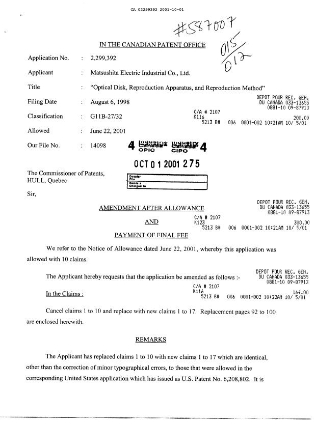 Canadian Patent Document 2299392. Correspondence 20011001. Image 1 of 2