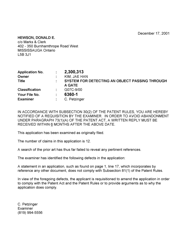 Document de brevet canadien 2300313. Poursuite-Amendment 20011217. Image 1 de 1