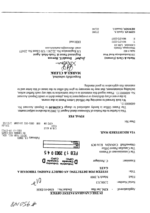 Canadian Patent Document 2300313. Correspondence 20030213. Image 1 of 1
