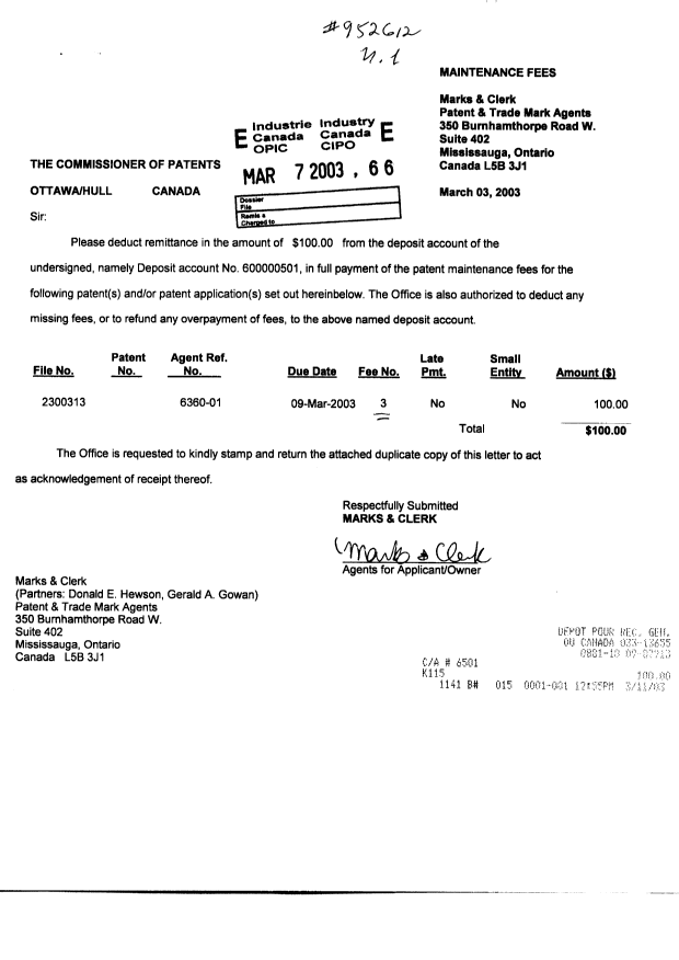 Document de brevet canadien 2300313. Taxes 20030307. Image 1 de 1