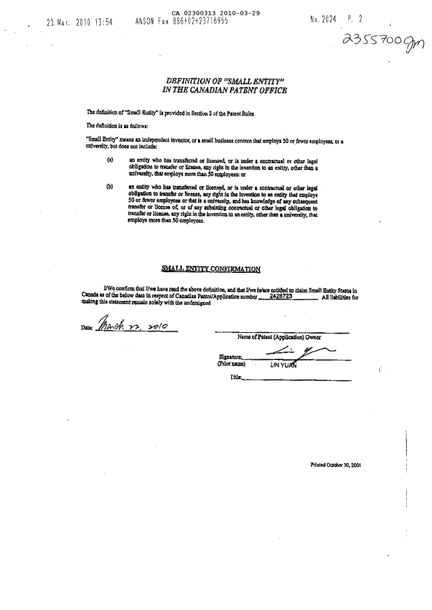 Document de brevet canadien 2300313. Taxes 20100329. Image 3 de 3