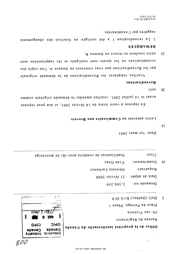 Canadian Patent Document 2300359. Prosecution-Amendment 20010302. Image 1 of 8